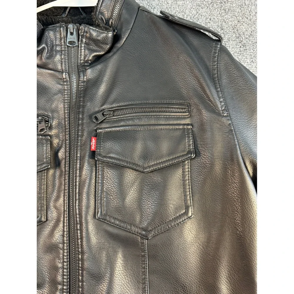 Levis Mens Black Faux Leather Sherpa Lined Bomber Jacket Medium Utility Moto